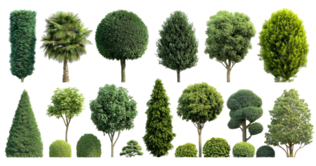 Variety of sculpted and natural green garden trees and bushes