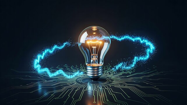 Glowing light bulb with electric energy ring symbolizing innovation and technology