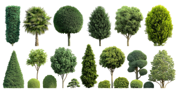 Variety of sculpted and natural green garden trees and bushes