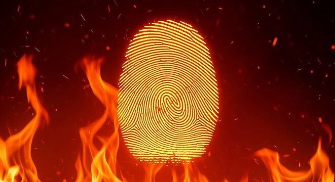 Burning fingerprint identity digital security threat concept with flames around it