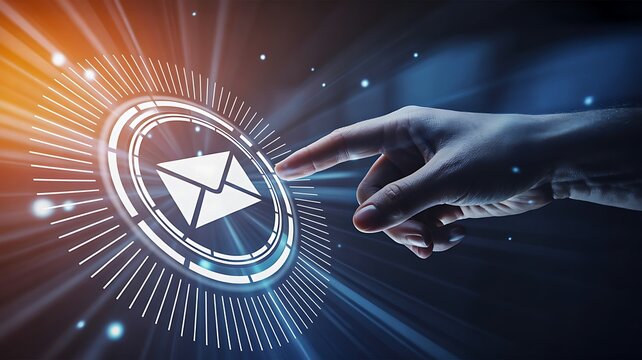 Digital email icon with hand touch interaction in futuristic communication interface
