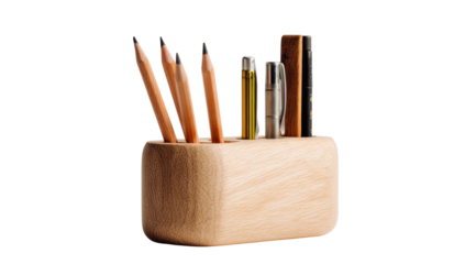 Natural wood desk organizer with pencils, a pen, and a ruler