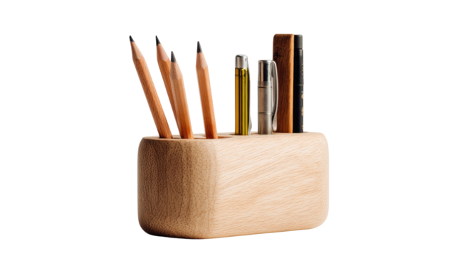 Natural wood desk organizer with pencils, a pen, and a ruler