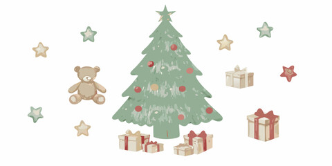 Watercolor christmas tree with gifts teddy bear and stars on white