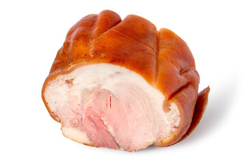 Smoked pork meatloaf. Meat with bacon on a white background