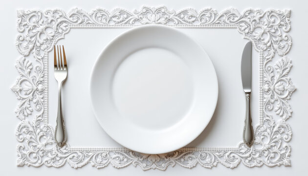 White placemat lace cutlery plate fork knife table elegant dining grace and calm mood