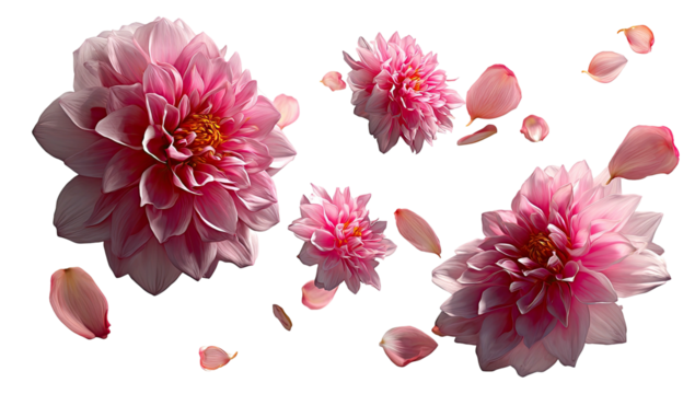 Pink blossoms drift across a dark background