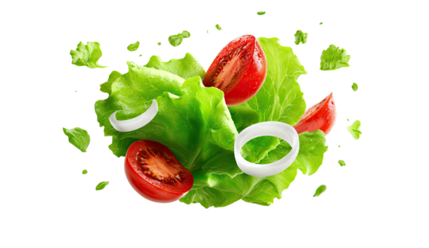 Fresh salad ingredients exploding outwards on black