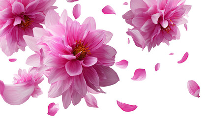 Delicate pink dahlias with falling petals against black