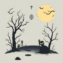 This image features a stylized, minimalist illustration of a spooky Halloween night scene. A full, pale yellow moon dominates the grey sky, accompanied by flying bats and a small cross on a distant hi