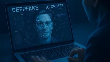 Deepfake AI crimes detection with facial recognition biometric technology analyzing data on laptop screen in dark night environment - Powered by Adobe