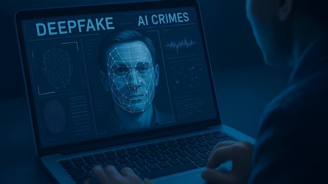 Deepfake AI crimes detection with facial recognition biometric technology analyzing data on laptop screen in dark night environment - Powered by Adobe