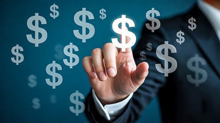 Businessman touching digital dollar symbols representing finance and money growth