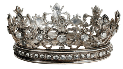 Ornate silver crown with many sparkling clear gems, regal symbol