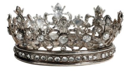 Ornate silver crown with many sparkling clear gems, regal symbol