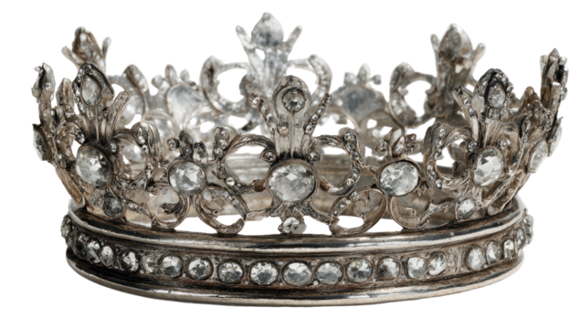 Ornate silver crown with many sparkling clear gems, regal symbol