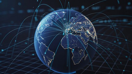 Global digital network connections around glowing earth in futuristic technology concept
