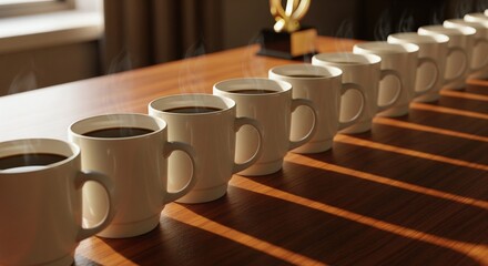 Row of steaming coffee mugs on a wooden table in natural light.