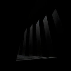 This image features a minimalist and stark composition dominated by deep shadows and dark, angled architectural forms. Several monolithic structures rise from a flat, light surface, casting long, shar