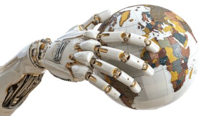 Robotic hand carefully holding a globe of Earth
