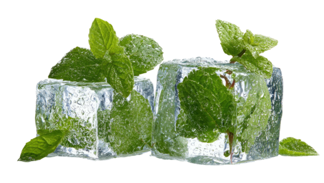 Clear ice cubes with fresh green mint leaves in a studio setting