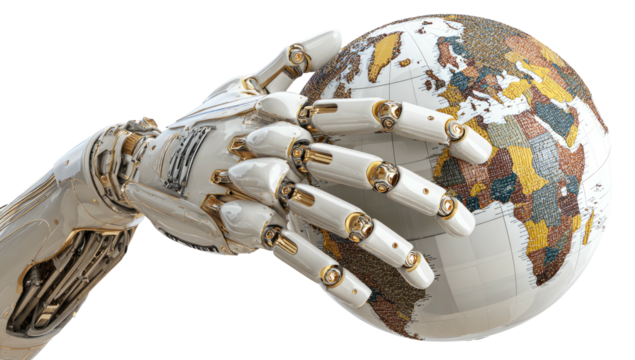 Robotic hand carefully holding a globe of Earth - Powered by Adobe