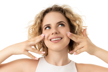 Woman happily cares for her face, isolated on white, PNG