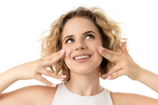 Woman happily cares for her face, isolated on white, PNG