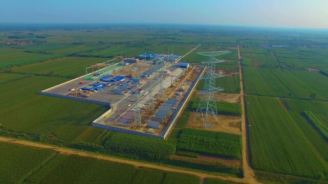 High-Voltage Power Plant Construction Site - Aerial Industrial Facility