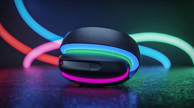 Futuristic glowing gadget with colorful neon light trails and modern tech design
