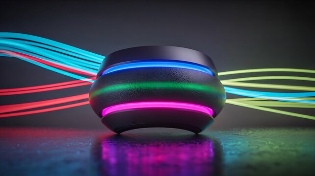 Futuristic glowing device with colorful neon light trails and modern technology design