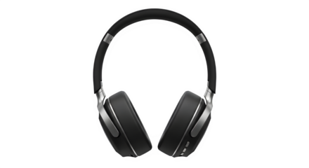 Closeup studio shot of modern black overear wireless headphone with silver accents, featuring plush earcups and padded headband, isolated on transparent background for product presentation or technolo