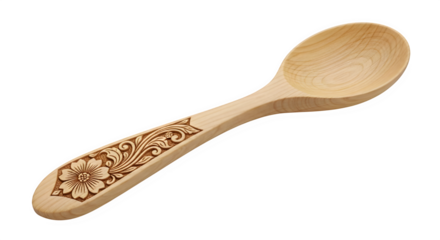 Beautifully crafted wooden spoon with intricate floral engraving on the handle, perfect for traditional cooking or as a decorative kitchen utensil, isolated on transparent background