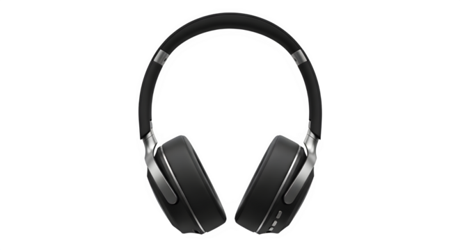 Closeup studio shot of modern black overear wireless headphone with silver accents, featuring plush earcups and padded headband, isolated on transparent background for product presentation or technolo