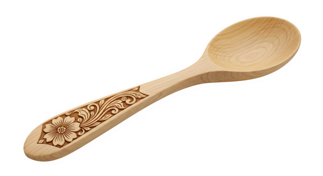 Beautifully crafted wooden spoon with intricate floral engraving on the handle, perfect for traditional cooking or as a decorative kitchen utensil, isolated on transparent background