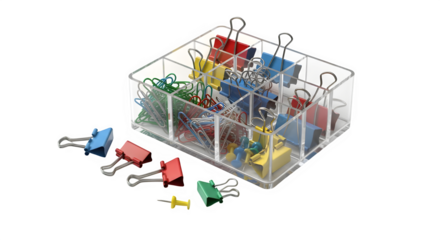 Assortment of colorful binder clips, paper clips, and a pushpin organized in a clear plastic compartment storage container, isolated on transparent background