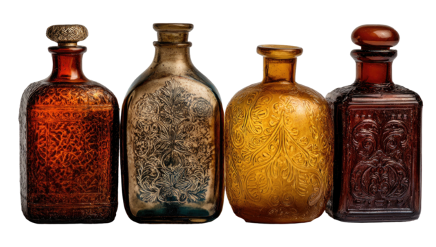 Four ornate glass bottles with patterned textures and varied colors