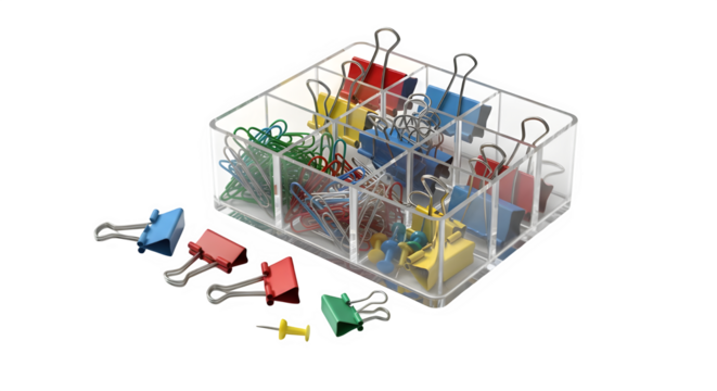 Assortment of colorful binder clips, paper clips, and a pushpin organized in a clear plastic compartment storage container, isolated on transparent background