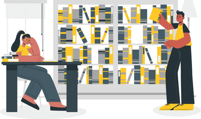 Two students engaged in study and research within a modern library