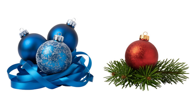 Three blue christmas ornaments with ribbon and one red ornament on pine branch isolated on transparent background