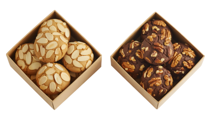 Two square cardboard boxes containing assorted gourmet cookies, one with almond slices and the other with chocolate and pecan topping, isolated on transparent background