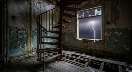 Eerie spiral staircase in abandoned building with dramatic lightning storm outside broken window, perfect for mystery, horror, or suspenseful thriller concepts