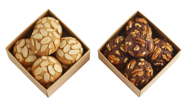 Two square cardboard boxes containing assorted gourmet cookies, one with almond slices and the other with chocolate and pecan topping, isolated on transparent background