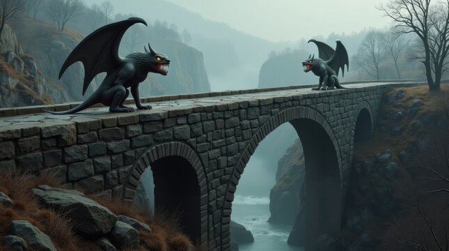 Two mythical winged creatures stand guard on an ancient stone bridge