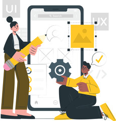 Collaborative team crafts an intuitive mobile application interface, blending innovative UI/UX design with strategic development processes for a seamless digital user experience concept