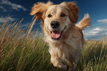 A happy golden retriever runs through tall grass under a bright blue sky, capturing a joyful moment of energy, freedom, and the playful spirit of nature.