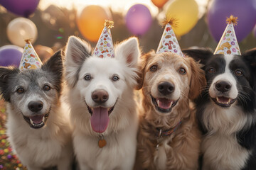Four happy dogs wearing colorful party hats smile together at a festive celebration, surrounded by balloons and warm golden light, creating a joyful scene.