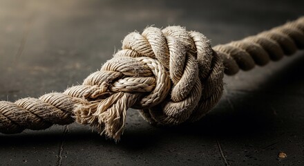 Fototapeta premium Tightly tied thick rope knot, on dark surface, strong bond.