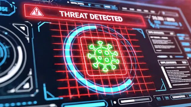 Futuristic cyber dashboard shows a glowing virus icon framed by a red 'threat detected' banner. ZUI!
