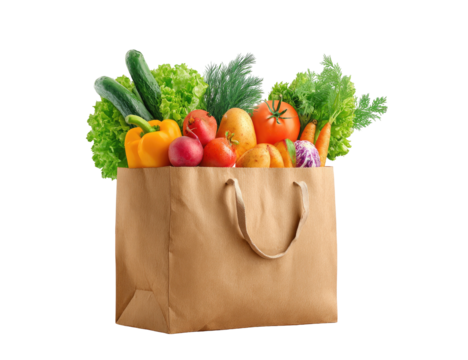 A paper bag overflows with a vibrant assortment of fresh produce